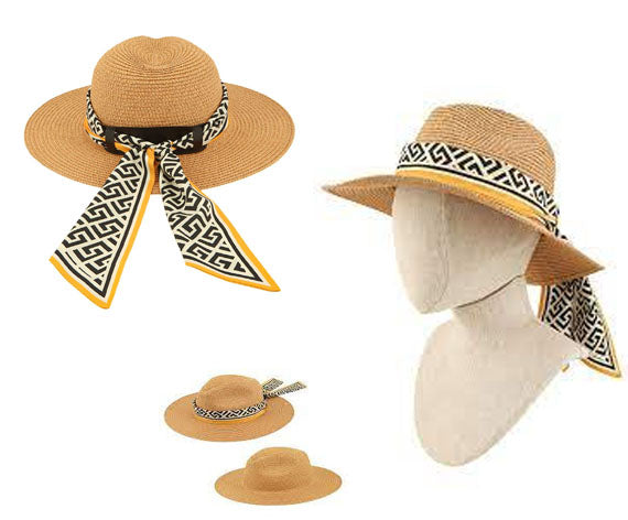 Greek Print Wrap Flat Top Straw Hat - catherinekcollections