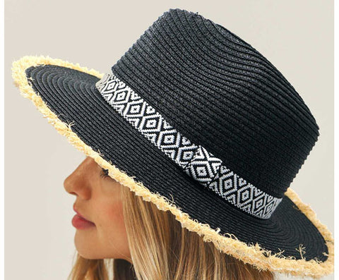 Aztec Straw Hat-Frayed Trim - catherinekcollections