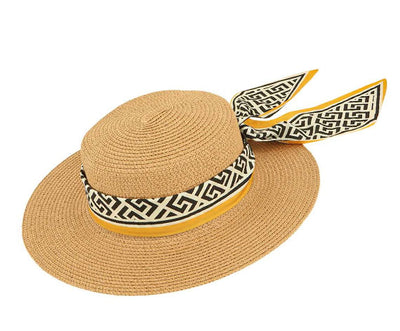 Greek Print Wrap Flat Top Straw Hat - catherinekcollections